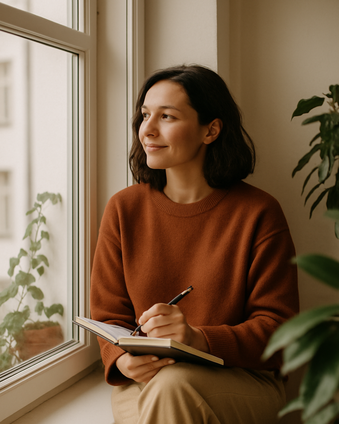 Frau am Fenster mit Notizbuch